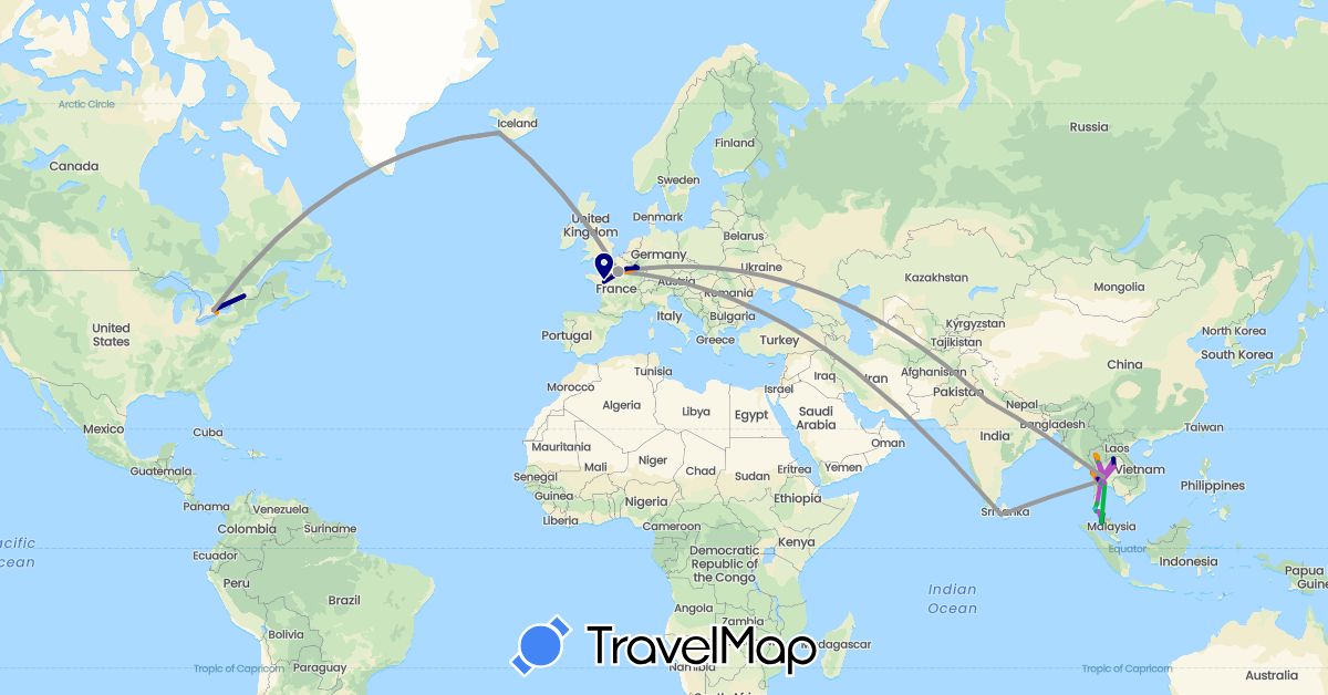 TravelMap itinerary: driving, bus, plane, train, boat, hitchhiking in Canada, France, India, Iceland, Laos, Sri Lanka, Myanmar (Burma), Malaysia, Thailand (Asia, Europe, North America)