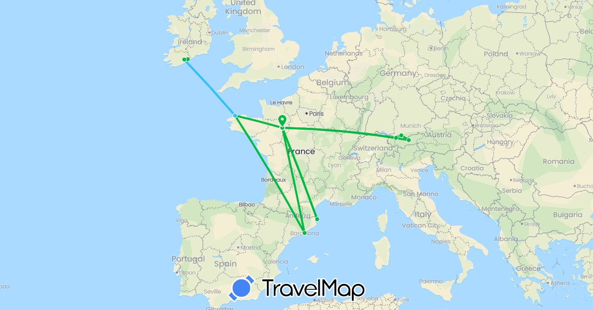 TravelMap itinerary: bus, boat in Austria, Germany, Spain, France, Ireland (Europe)