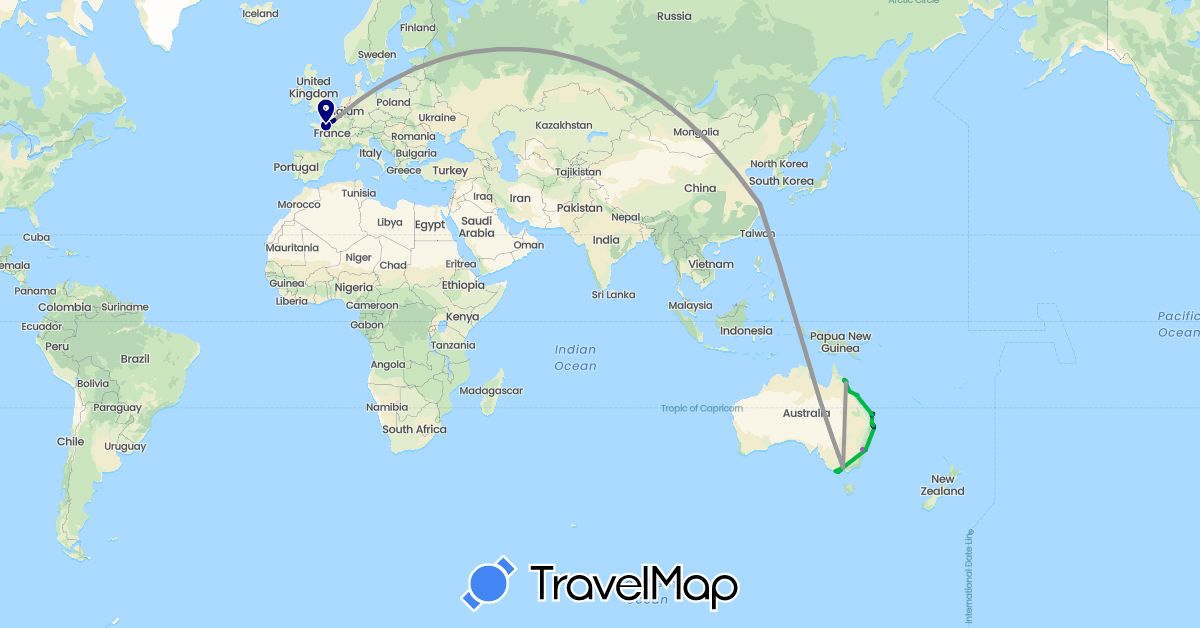 TravelMap itinerary: driving, bus, plane, train, hiking, boat, hitchhiking in Australia, China, France (Asia, Europe, Oceania)
