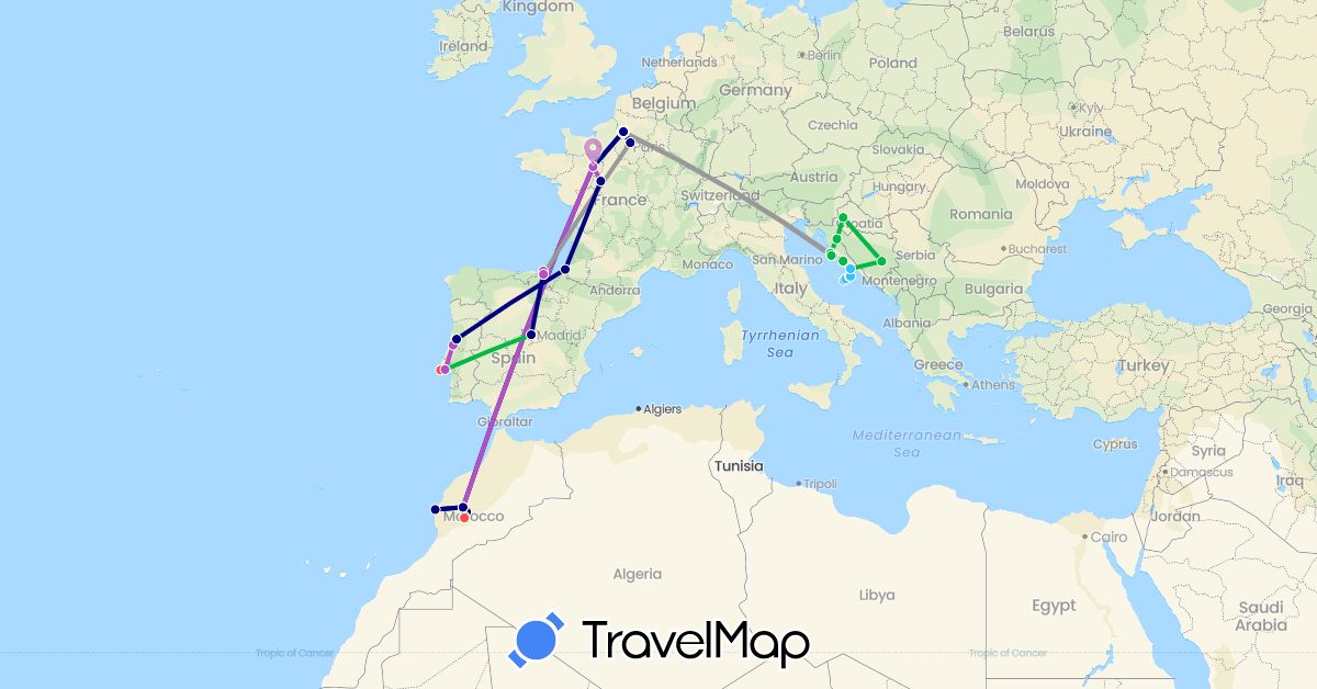 TravelMap itinerary: driving, bus, plane, train, hiking, boat in Bosnia and Herzegovina, Spain, France, Croatia, Morocco, Portugal (Africa, Europe)