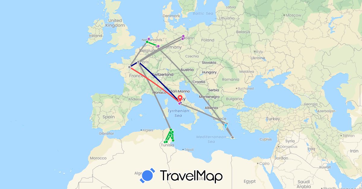 TravelMap itinerary: driving, bus, plane, train, hiking, boat in Germany, France, Greece, Italy, Netherlands, Tunisia, Vatican City (Africa, Europe)